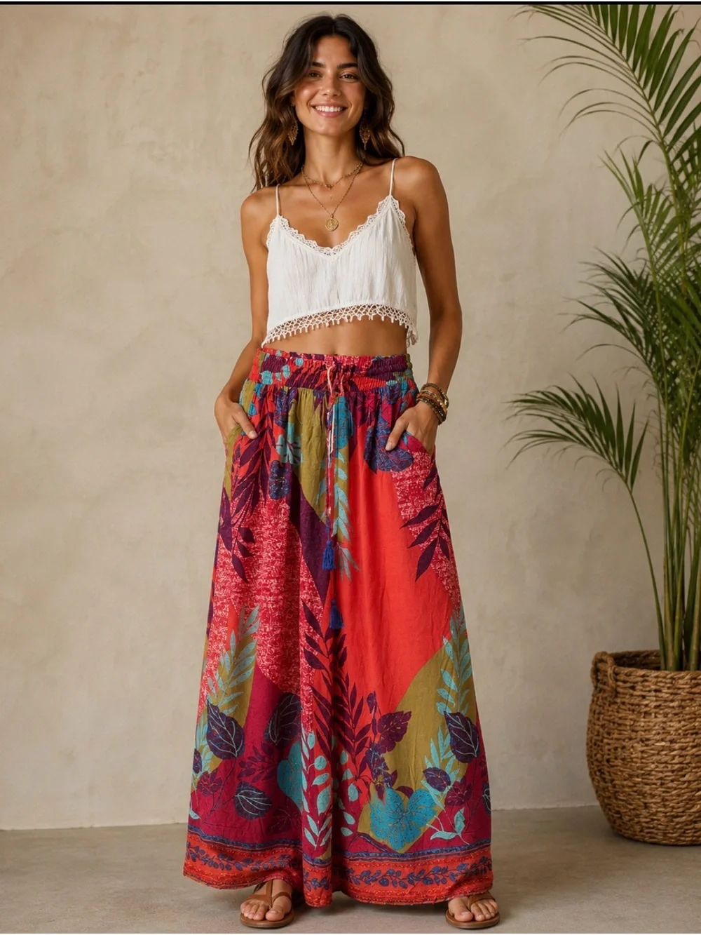 Easel Boho Tropical Red Teal Floral Wide-Leg Flowy Pull On Pants